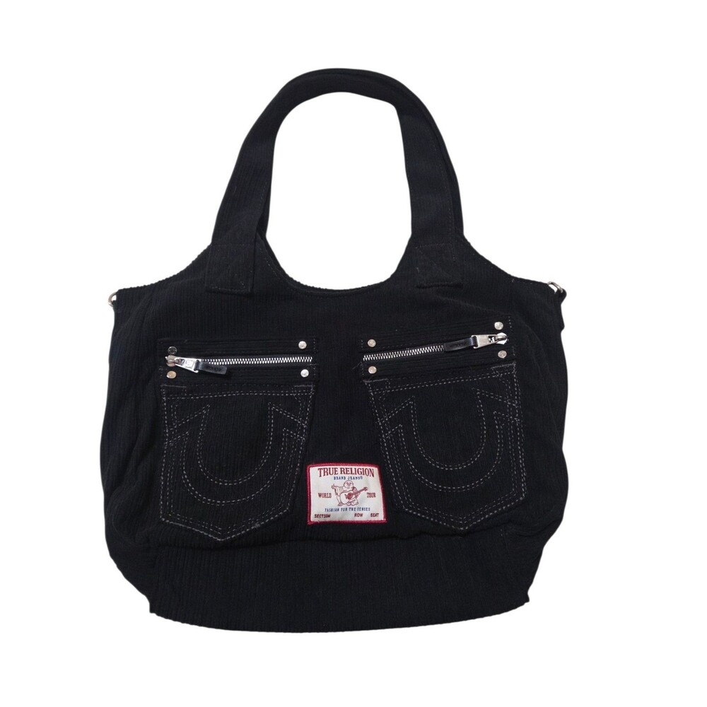 True Religion Horseshoe Stitch Black Corduroy Satchel Tote Bag No Shoulder Strap